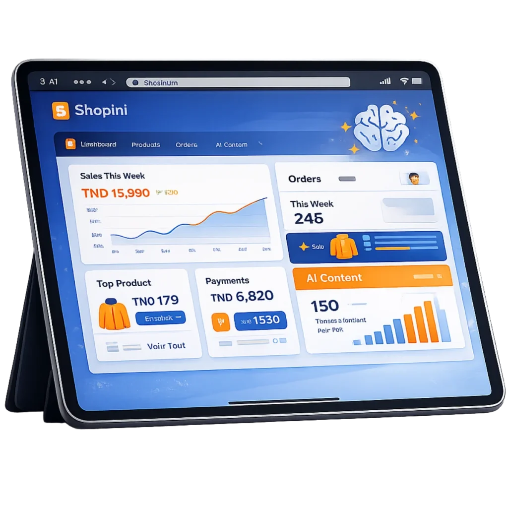 Interface de gestion Shopini affichant des ventes en Dinars Tunisiens et l'assistant IA pour boutique en ligne.